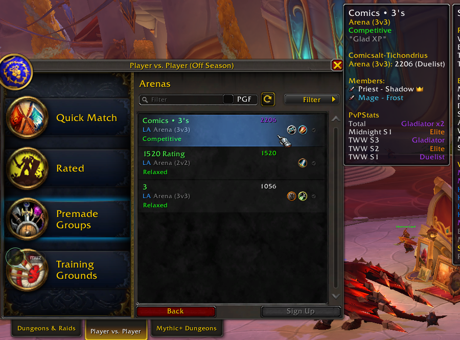 PvPStats tooltip in the Premade Group Finder showing a group leader's PvP titles