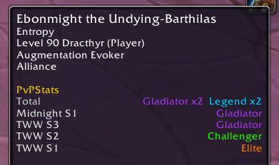 PvPStats tooltip showing a player's career PvP titles and highest rank per season